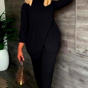 Solid Wrap Split Hem Top & Pants Set